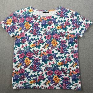 Margos Vintage 90s Ribbed Floral T-Shirt Women's Large Short Sleeve Purple Pink